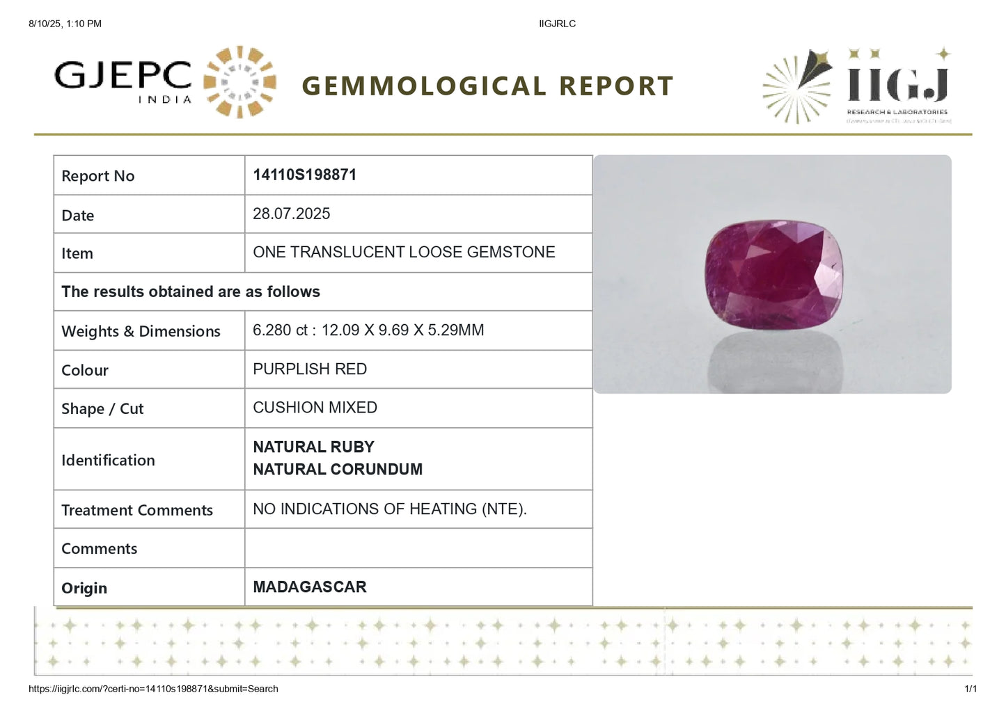 Natural Madagascar Ruby (Manik) 6.28 Carats