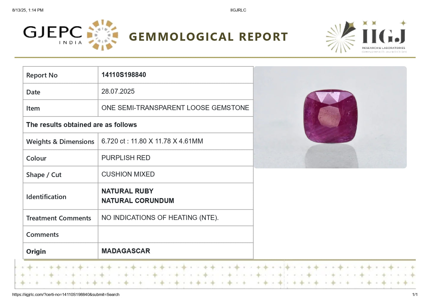 Natural Ruby (Manik) 6.72 Carats