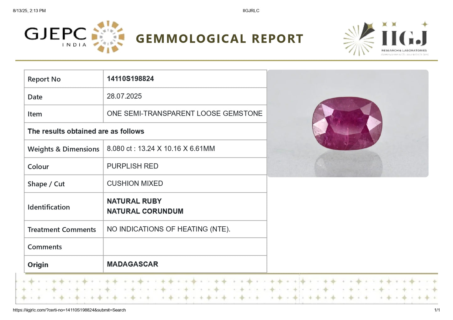 Natural Ruby (Manik) 8.08 Carats