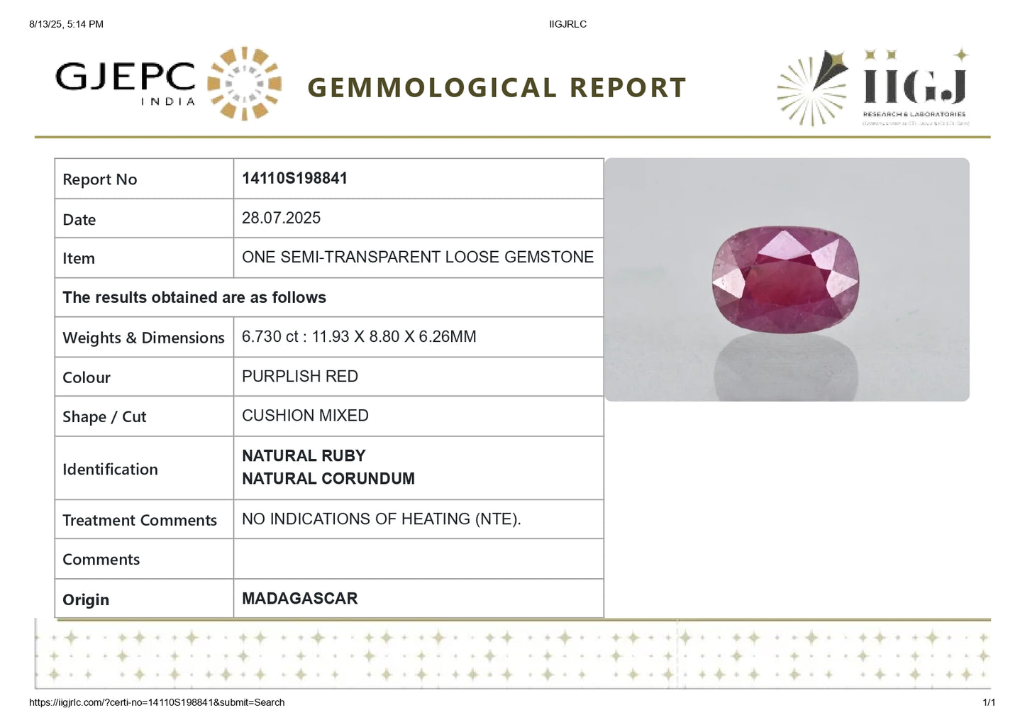 Natural Madagascar Ruby (Manik) 6.73 Carats