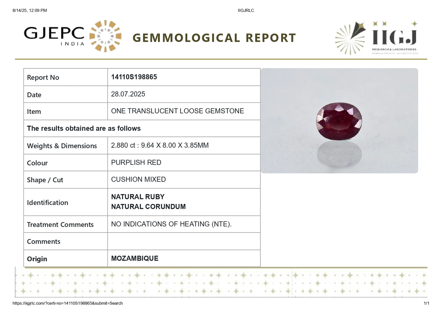 Natural Mozambique Ruby (Manik) 2.88 Carats