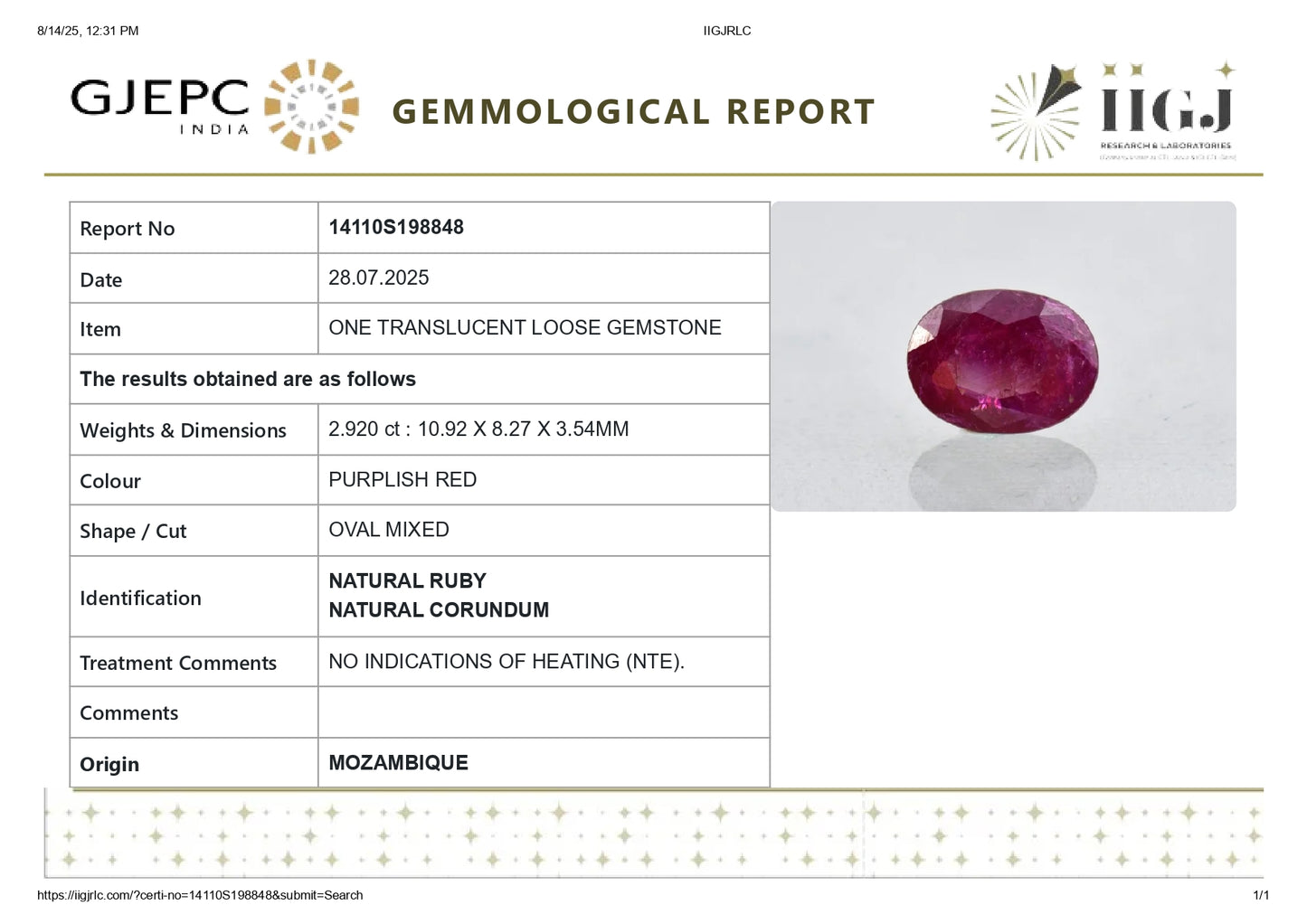 Natural Mozambique Ruby (Manik) 2.92 Carats