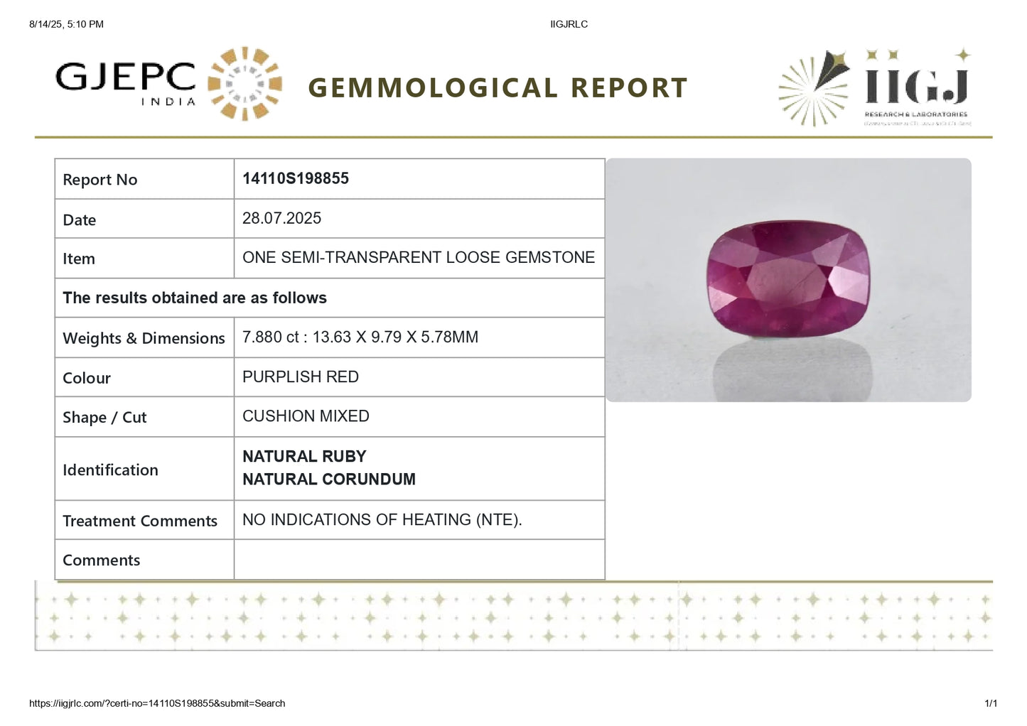 Natural Mozambique Ruby (Manik) 7.88 Carats
