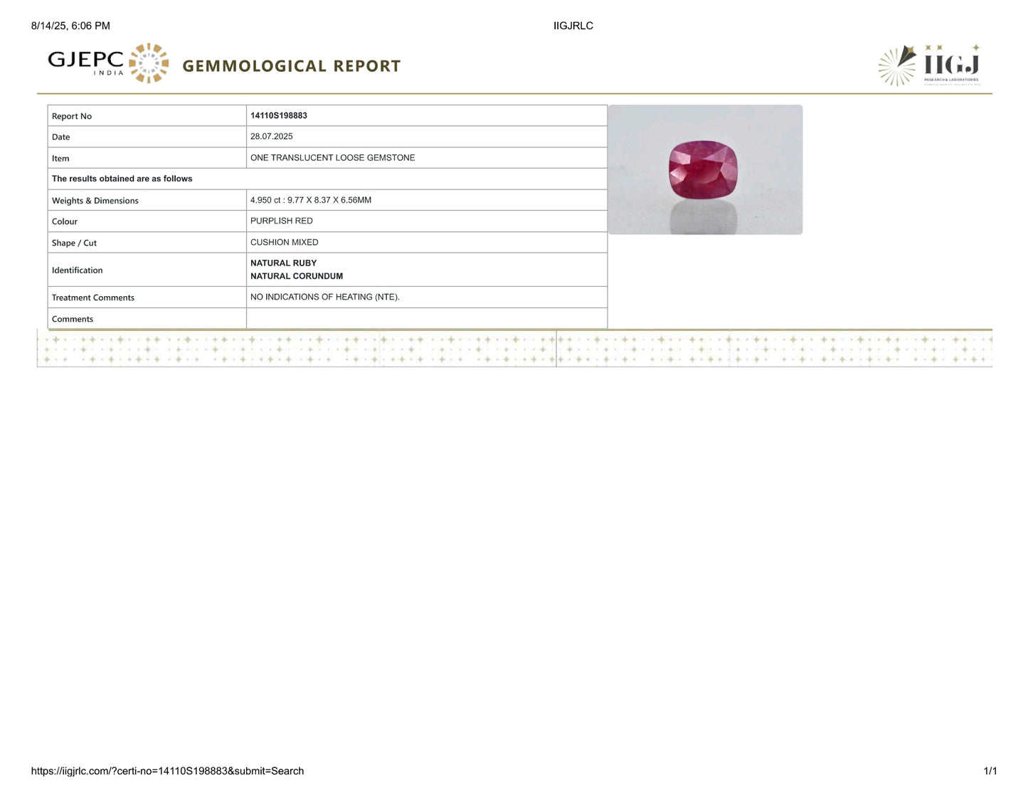 Natural Ruby (Manik) 4.95 Carats