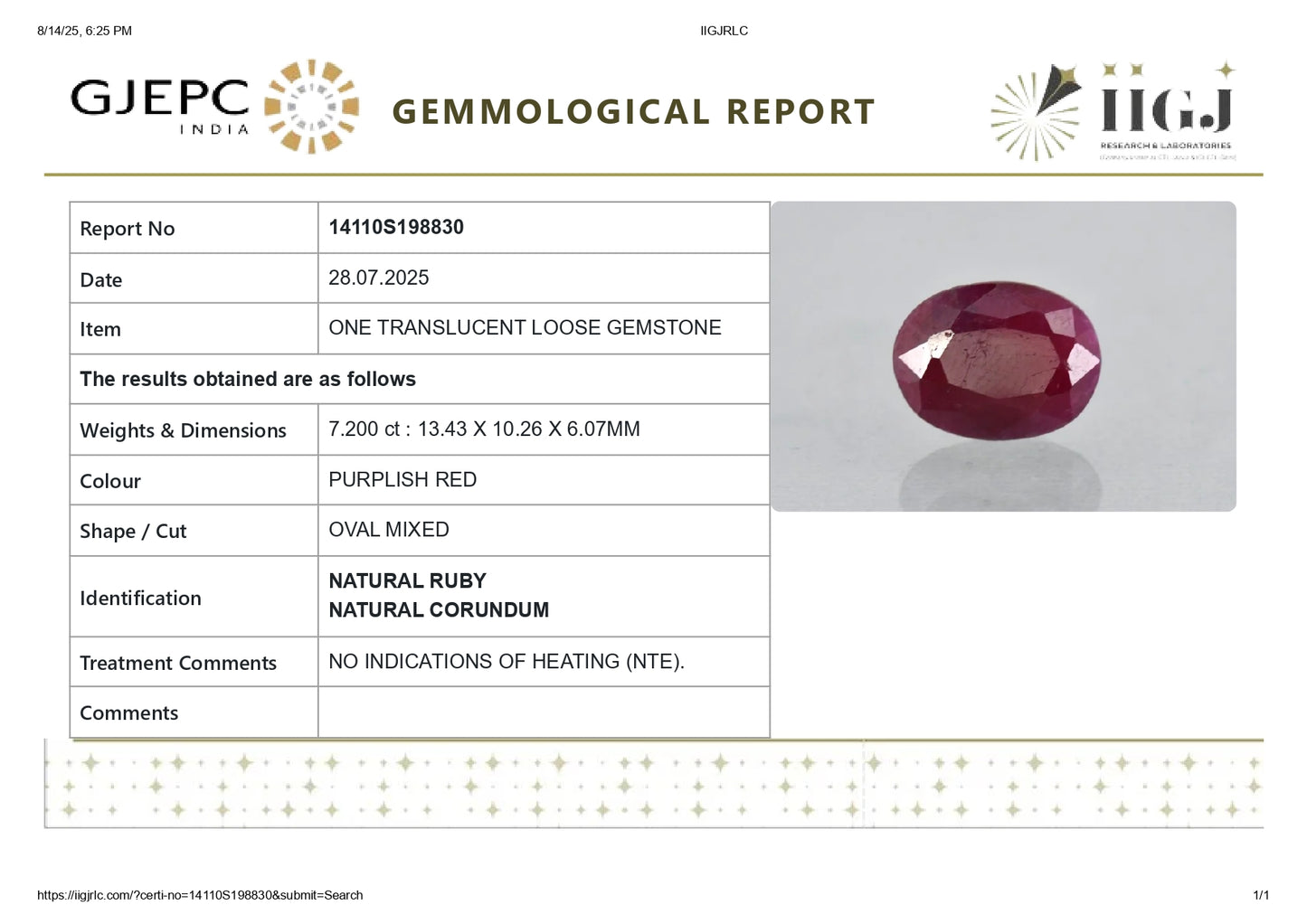 Natural Ruby (Manik) 7.20 Carats