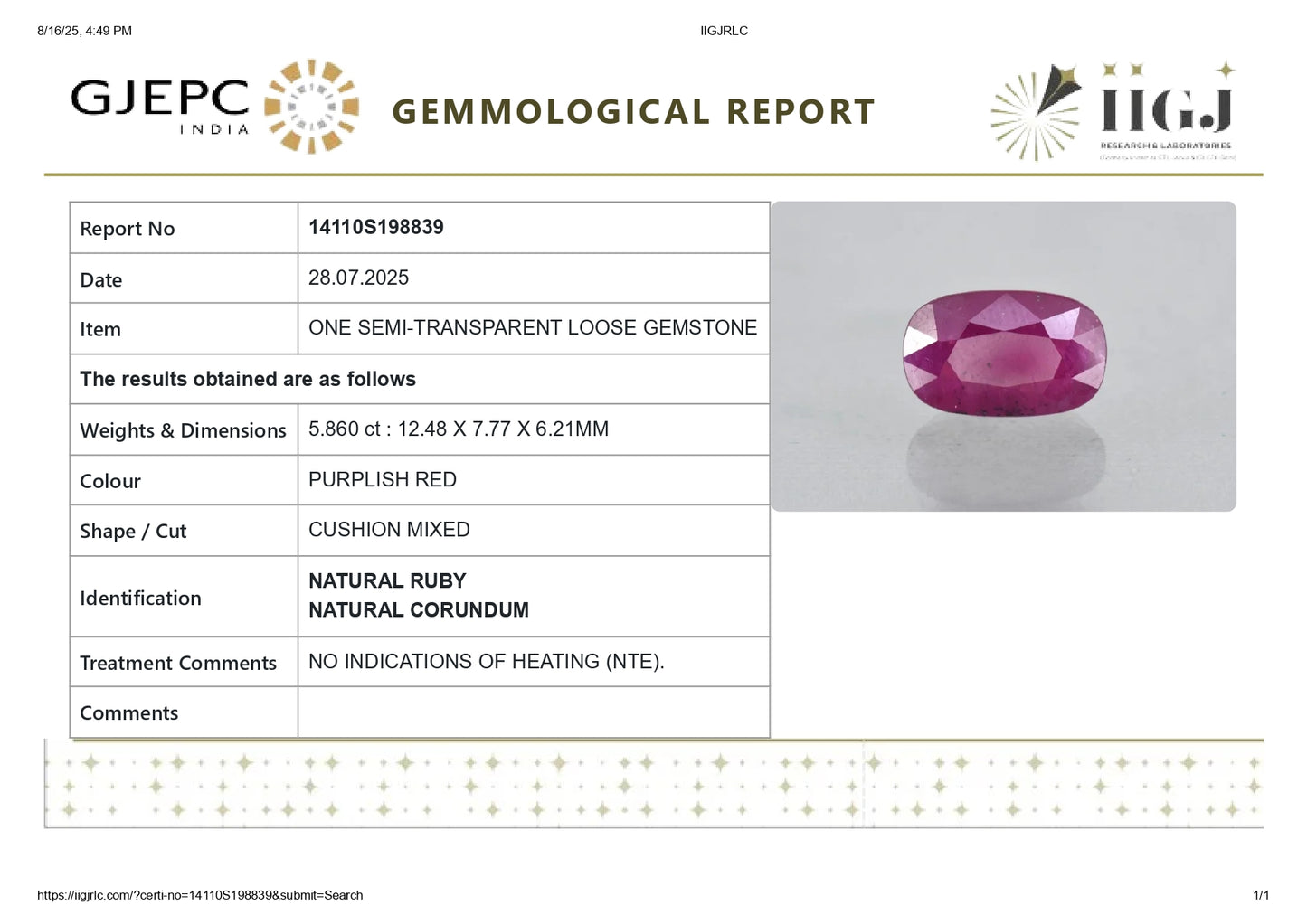 Natural Ruby (Manik) 5.86 Carats