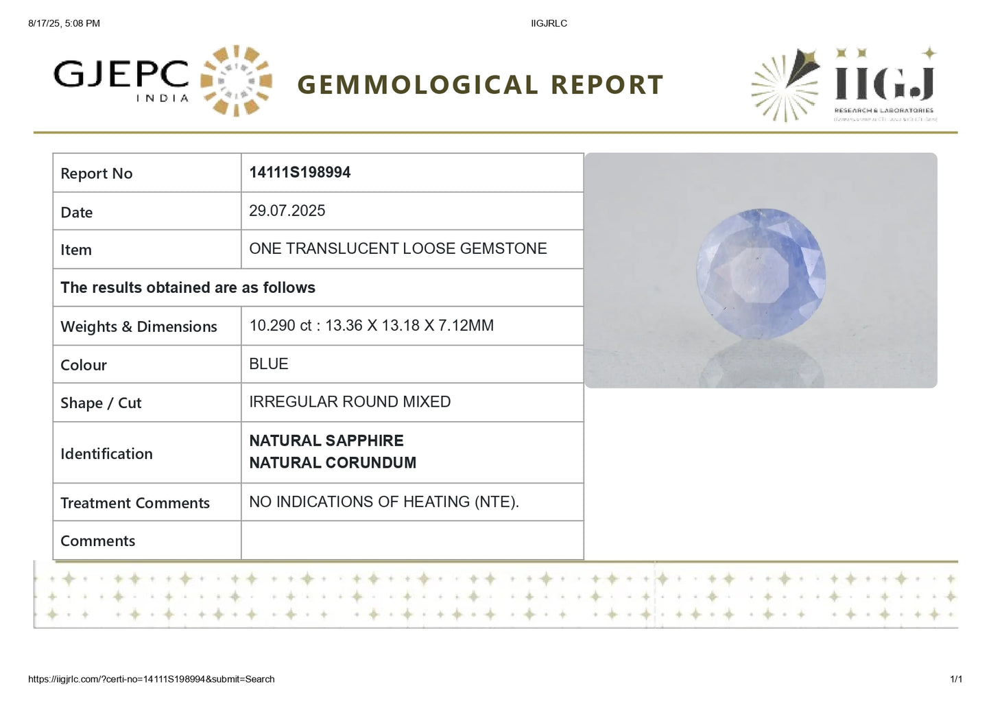 Natural Blue Sapphire (Neelam) 10.29 Carats