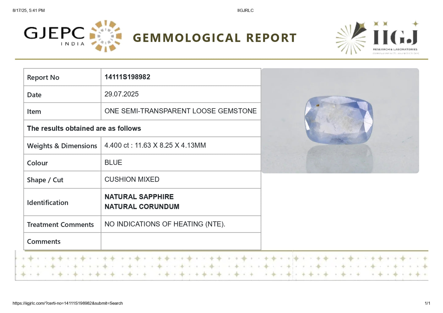 Natural Blue Sapphire (Neelam) 4.40 Carats