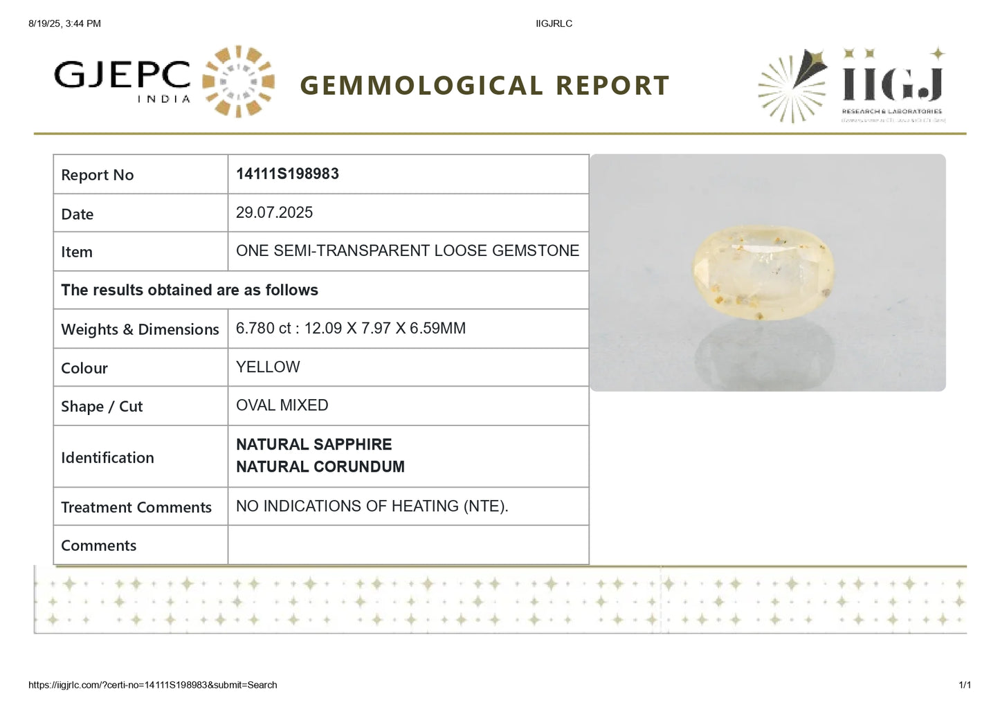 NATURAL YELLOW SAPPHIRE (PUKHRAJ) 6.78 CARATS