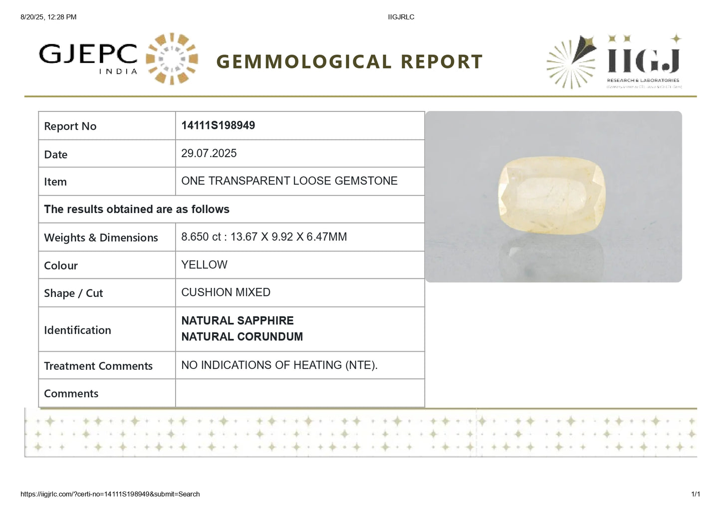 Natural Yellow Sapphire (Pukhraj) 8.65 Carats