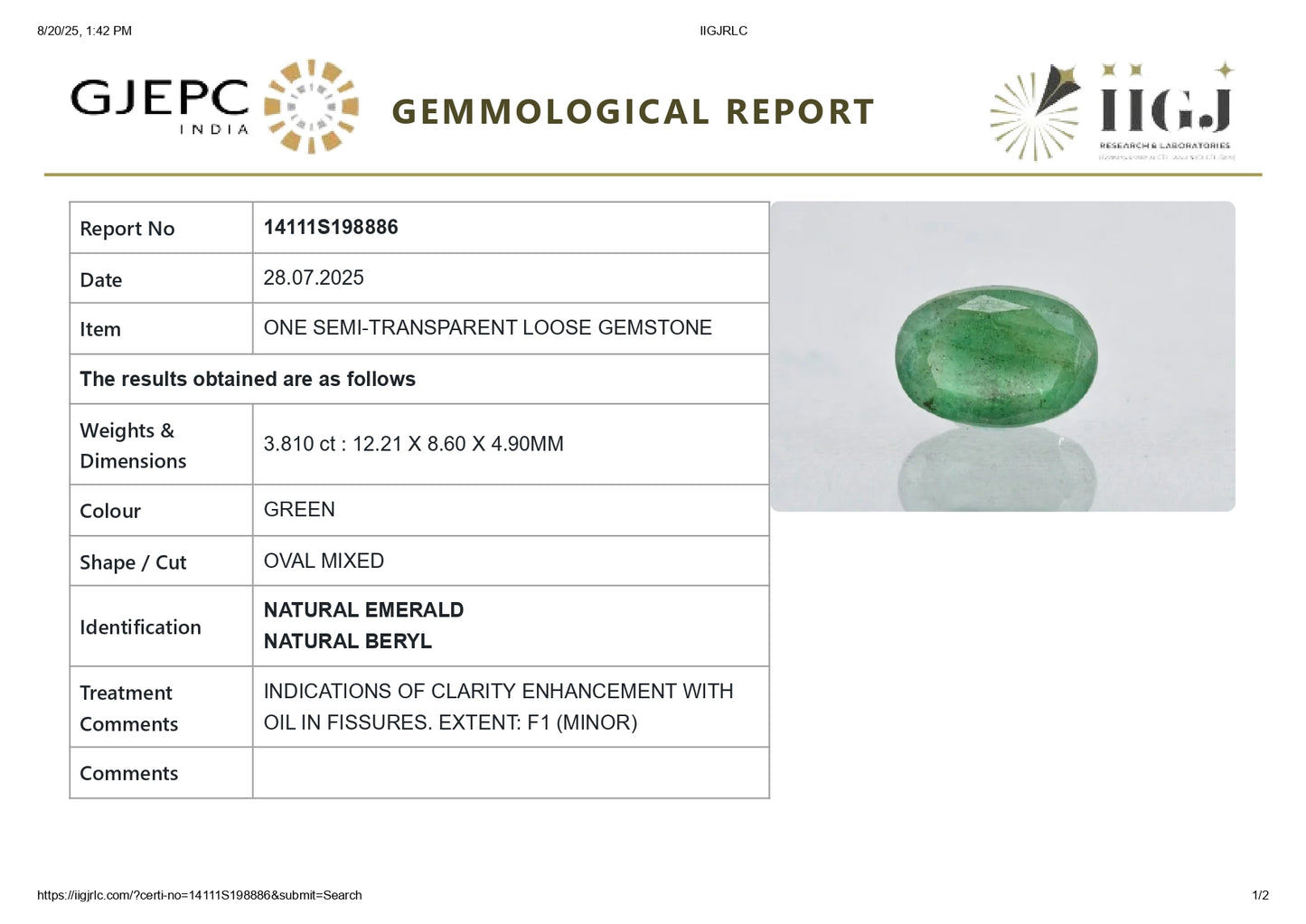 Natural Zambian Emerald (Panna) 3.81 Carats
