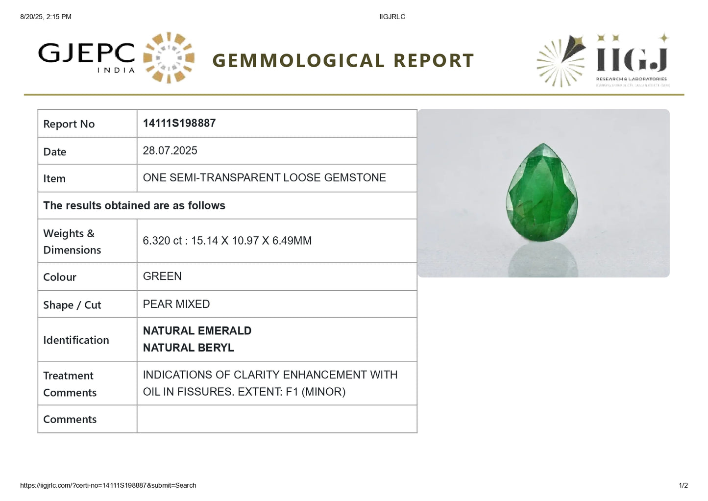Natural Zambian Emerald (Panna) 6.32 Carats
