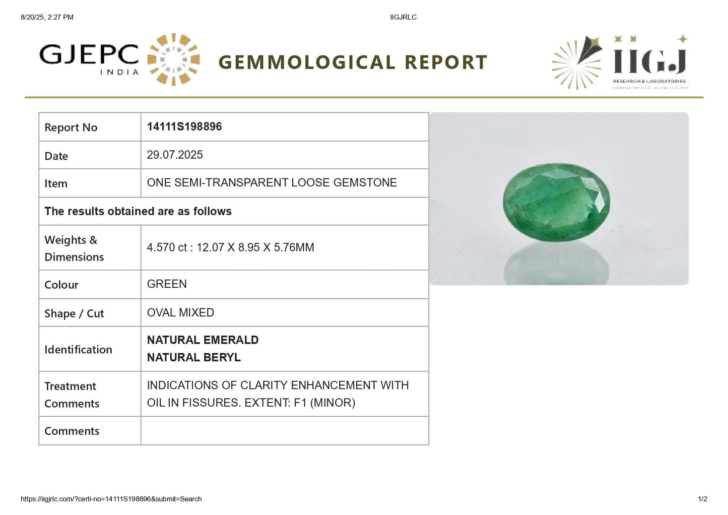 Natural Zambian Emerald (Panna) 4.57 Carats