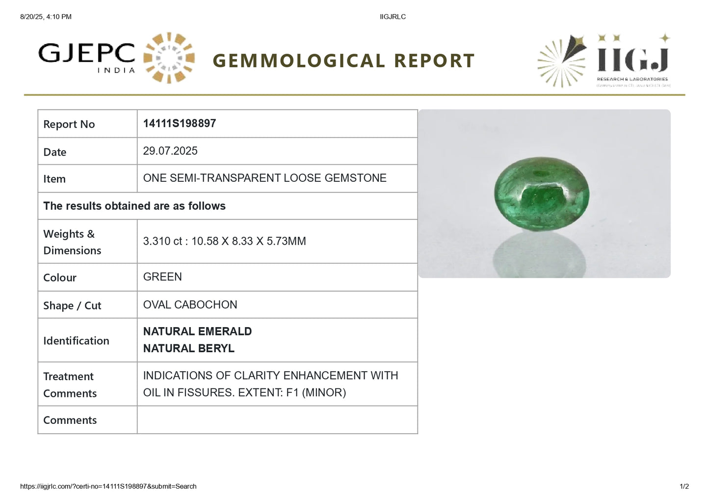 Natural Zambian Emerald (Panna) 3.31 Carats