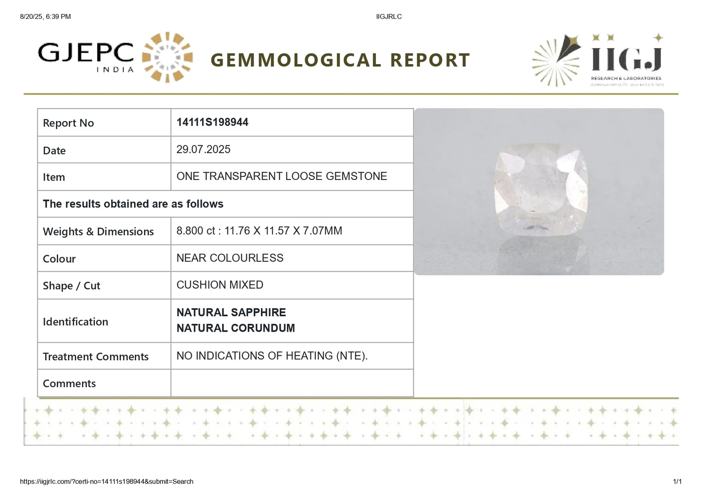 Natural White Sapphire 8.80 Carats