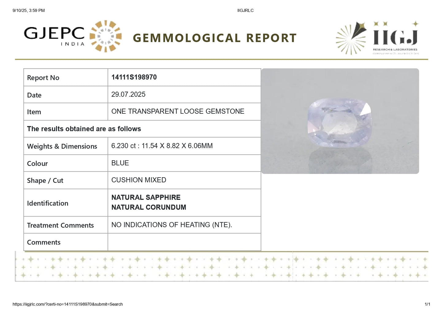 Natural Blue Sapphire (Neelam) 6.23 Carats