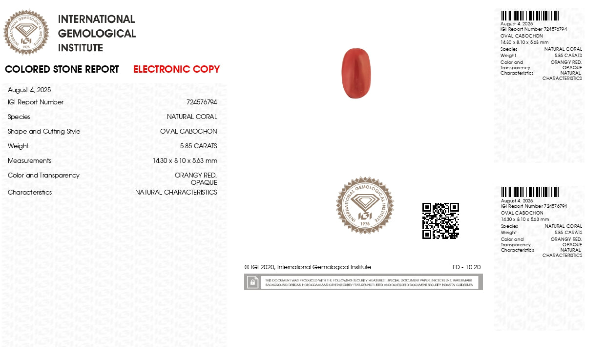 NATURAL RED CORAL (Moonga) 5.85 CARATS