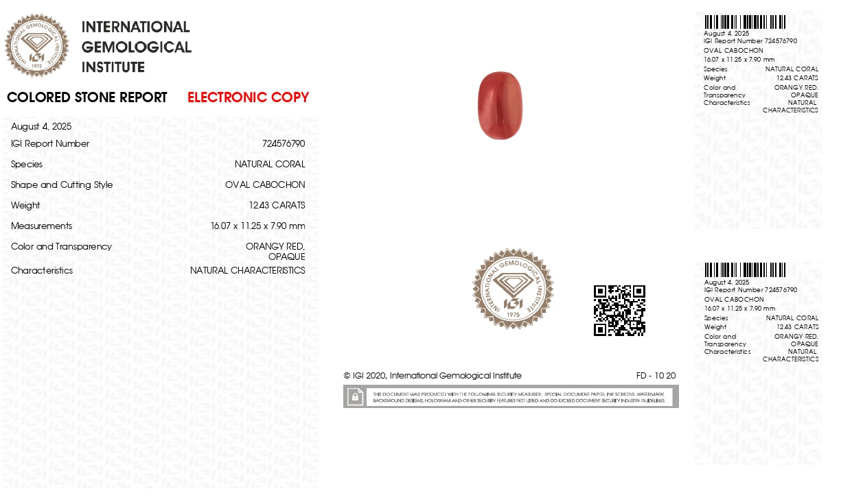Natural Italian Red Coral (Moonga) 12.43 Carats