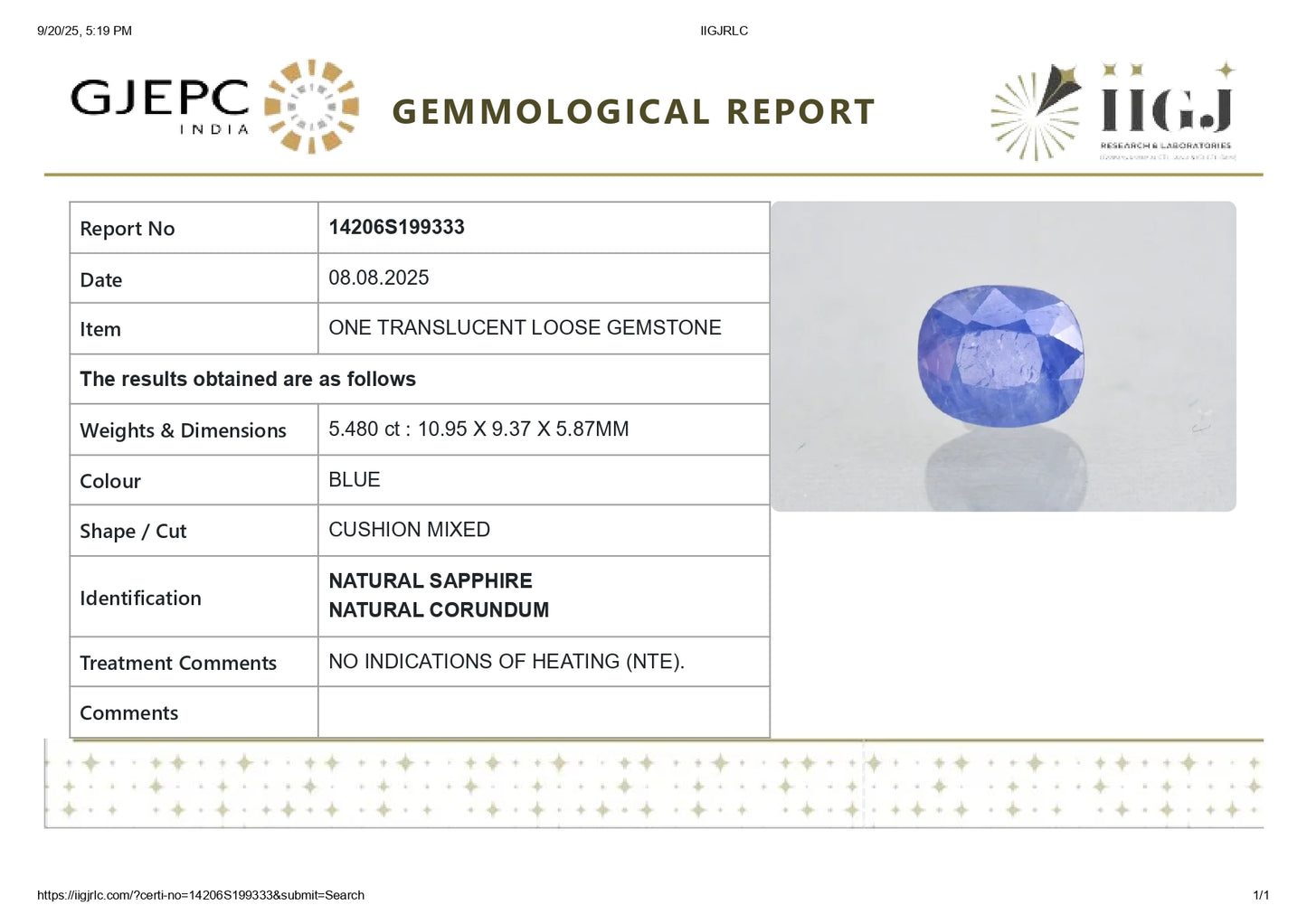 Natural Blue Sapphire (Neelam) 5.48 Carats