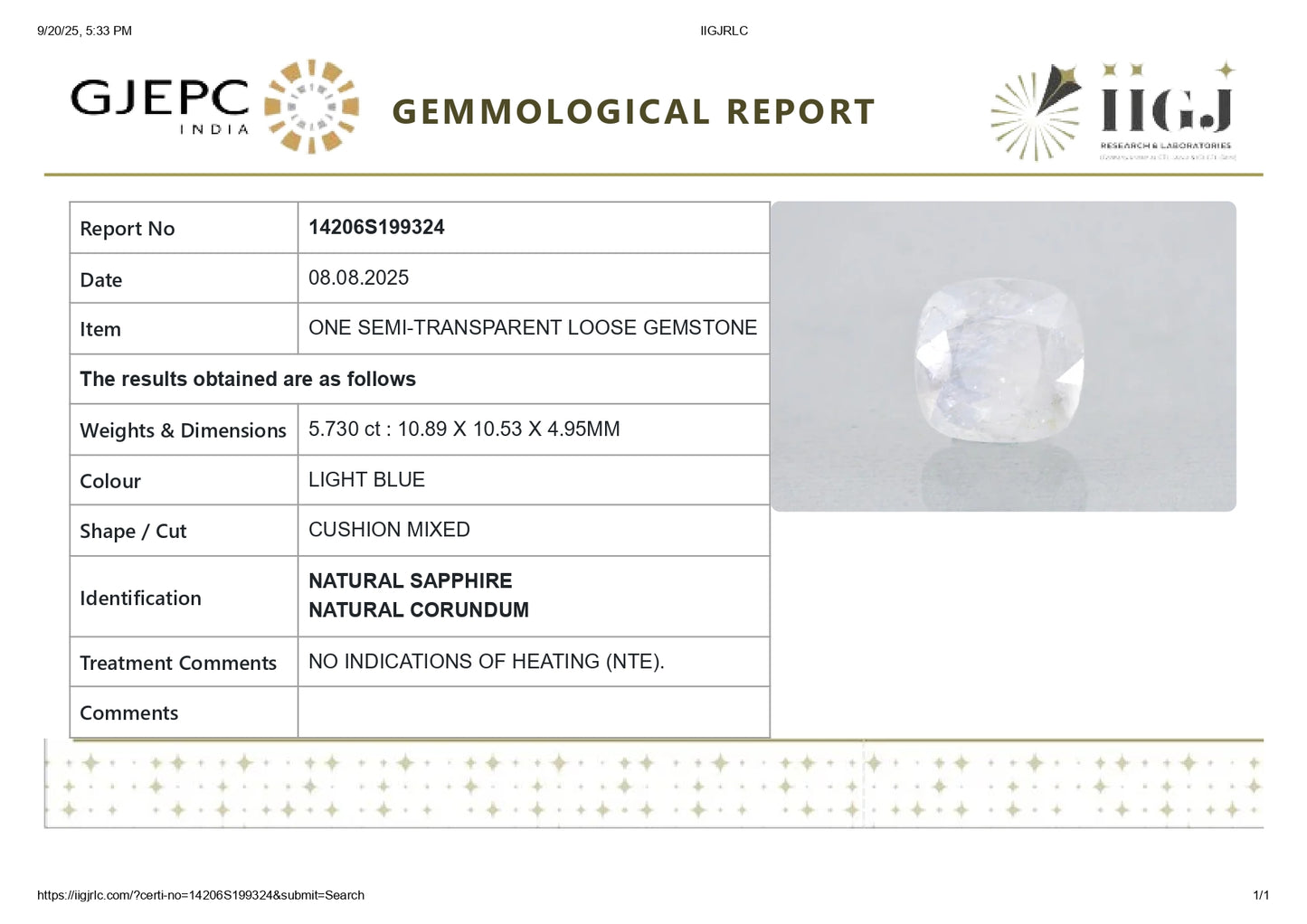 Natural Blue Sapphire (Neelam) 5.73 Carats