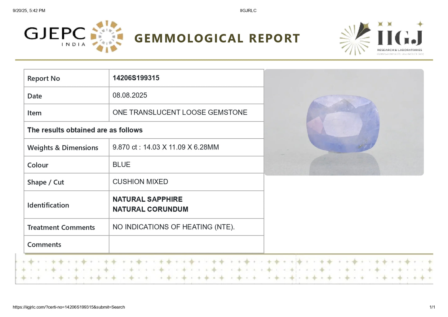 Natural Blue Sapphire (Neelam) 9.87 Carats