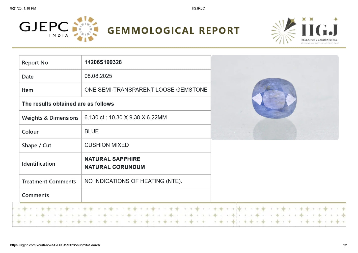 NATURAL BLUE SAPPHIRE (NEELAM) 6.13 CARATS