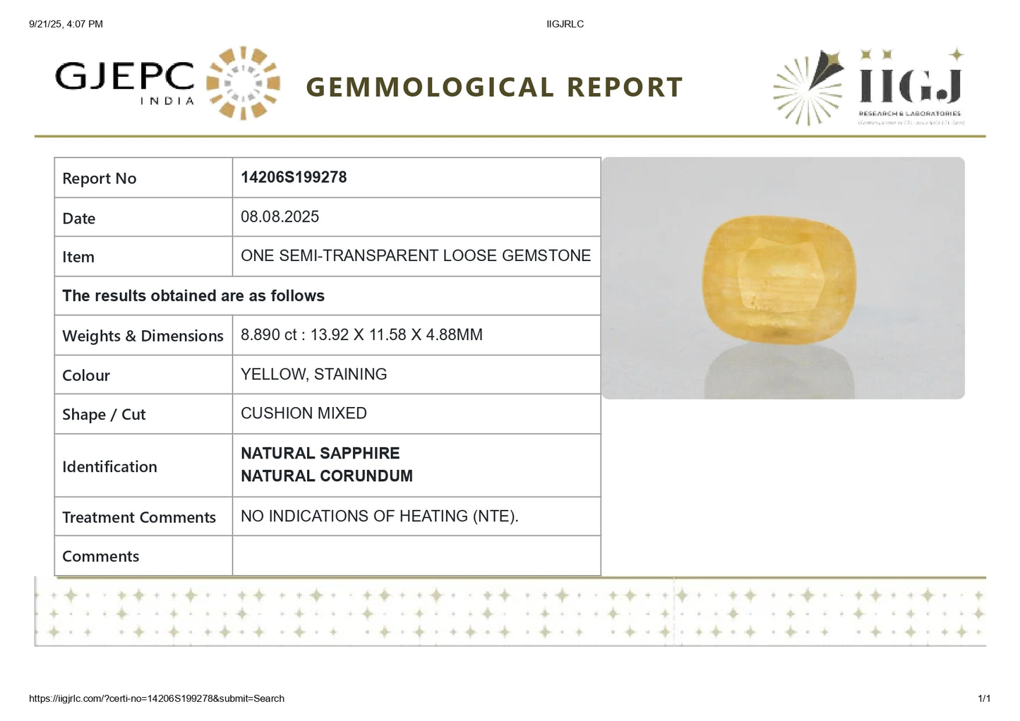 Natural Yellow Sapphire (Pukhraj) 8.89 Carats