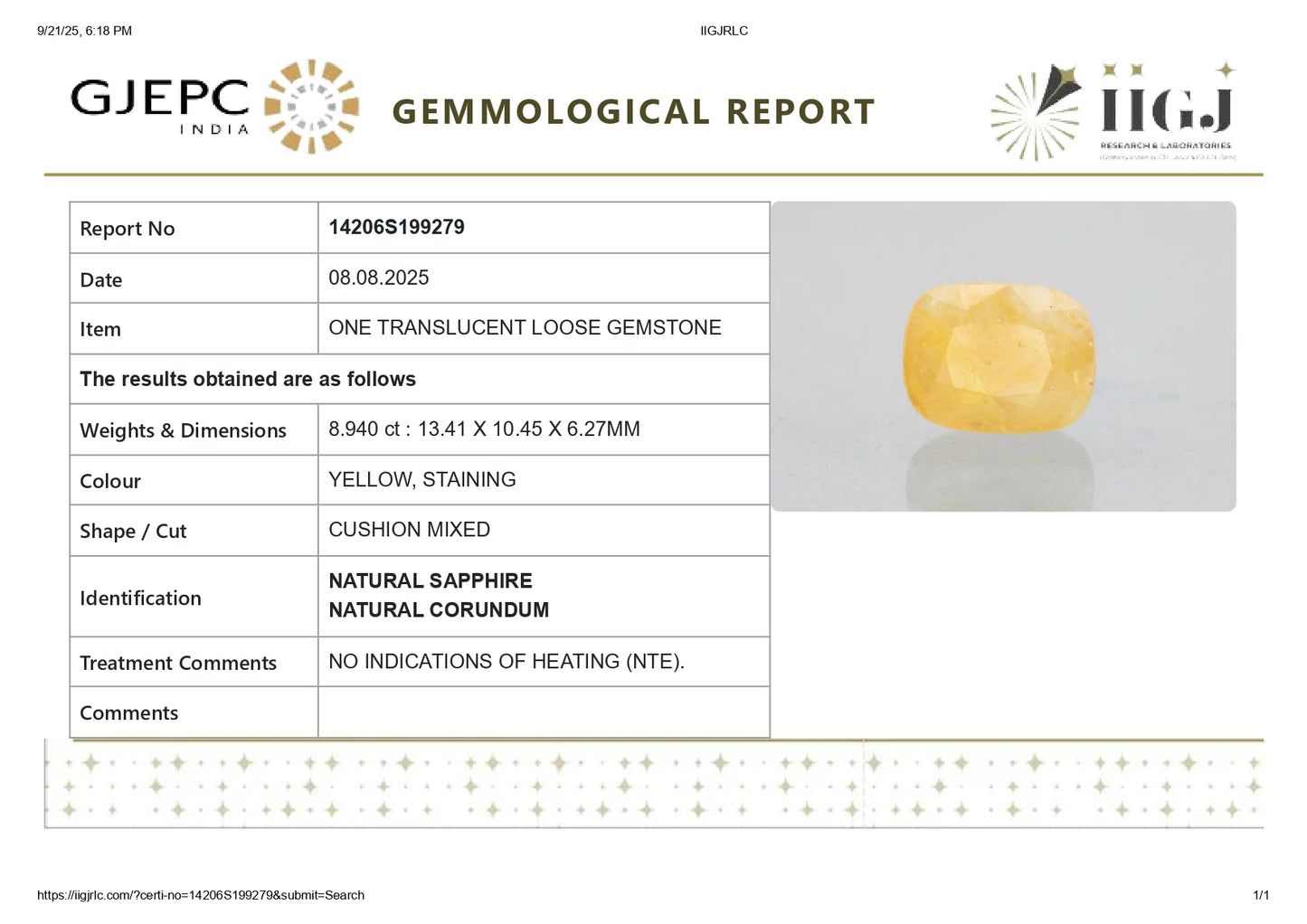 Natural Yellow Sapphire (Pukhraj) 8.94 Carats
