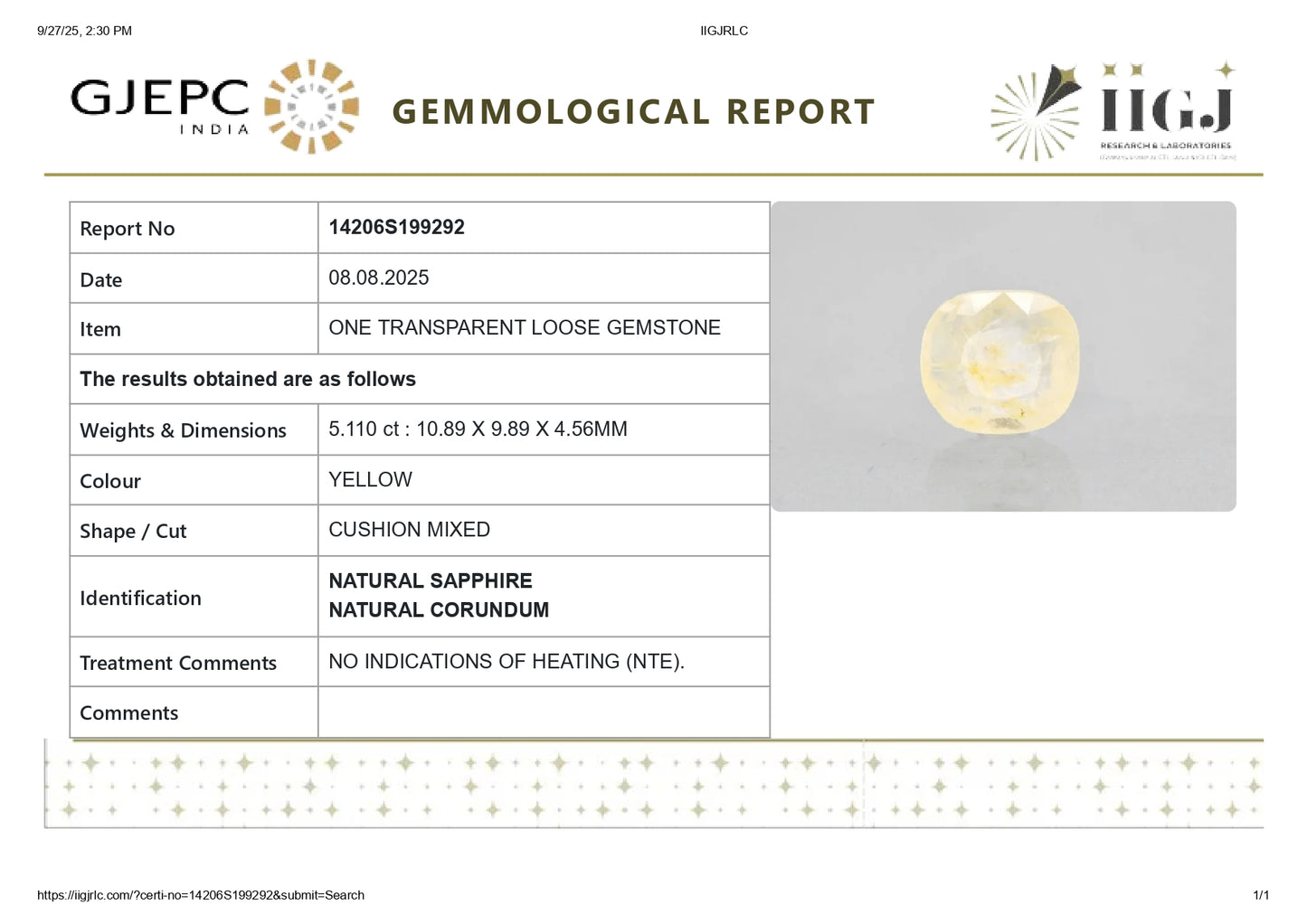 Natural Yellow Sapphire (Pukhraj) 5.11 Carats