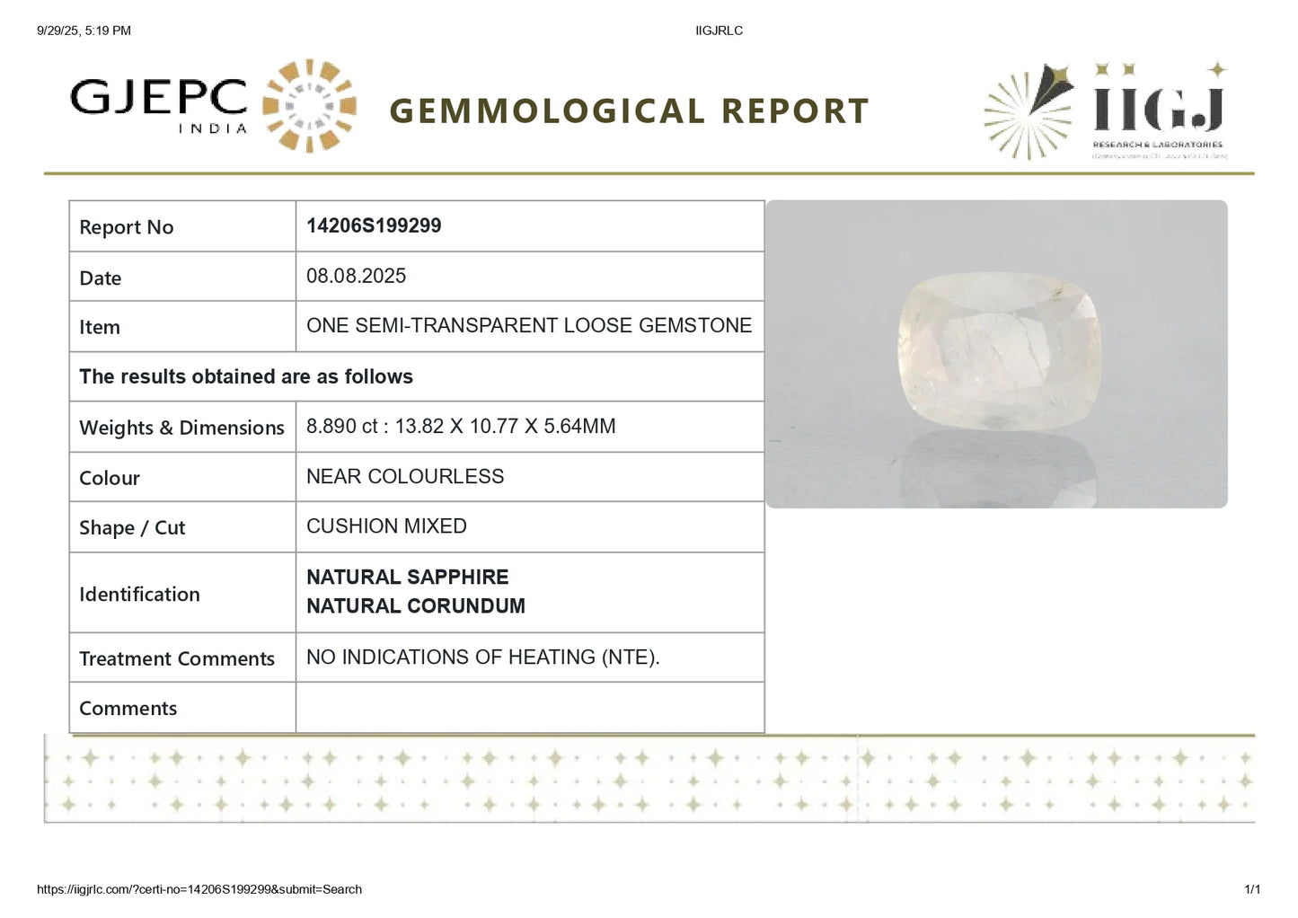 Natural White Sapphire 8.89 Carats