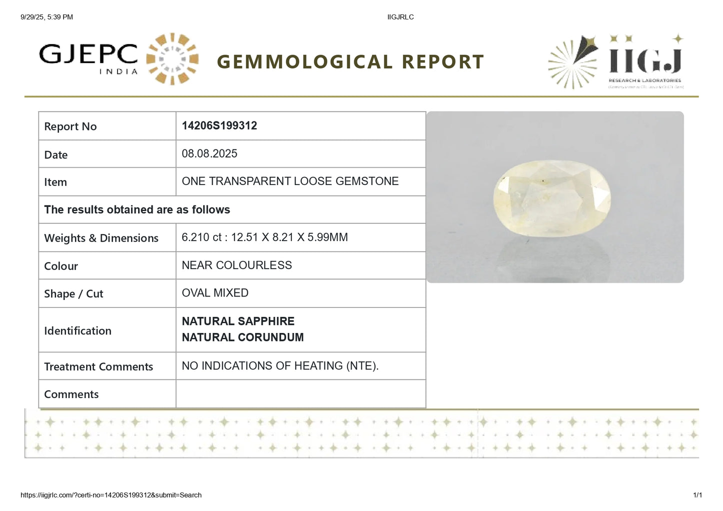 Natural White Sapphire 6.21 Carats
