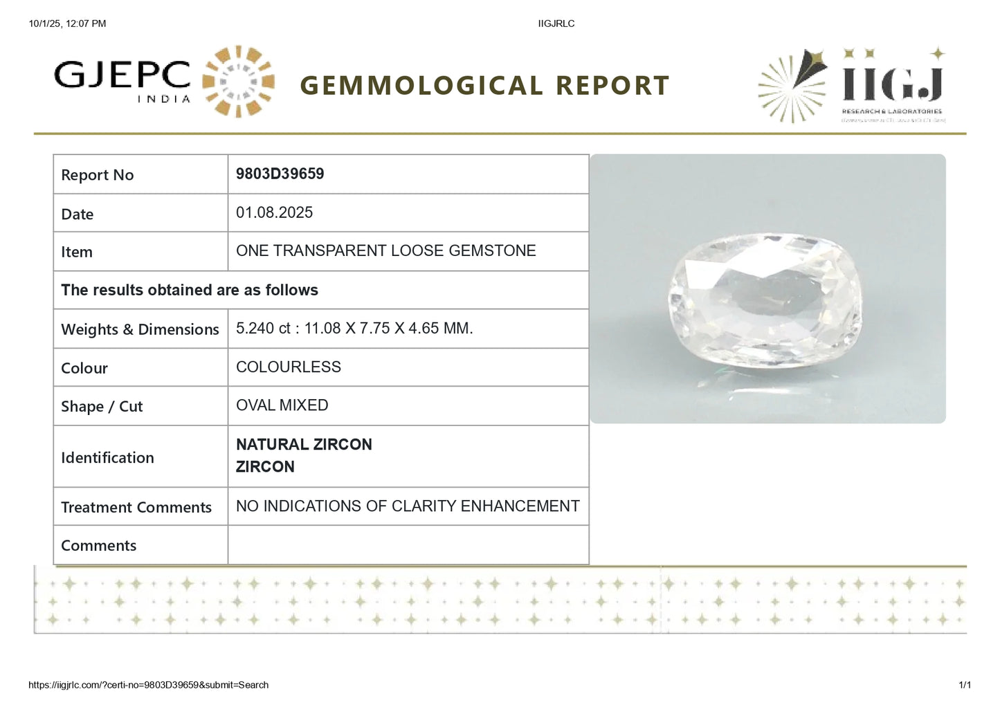 Natural Zircon 5.24 Carats