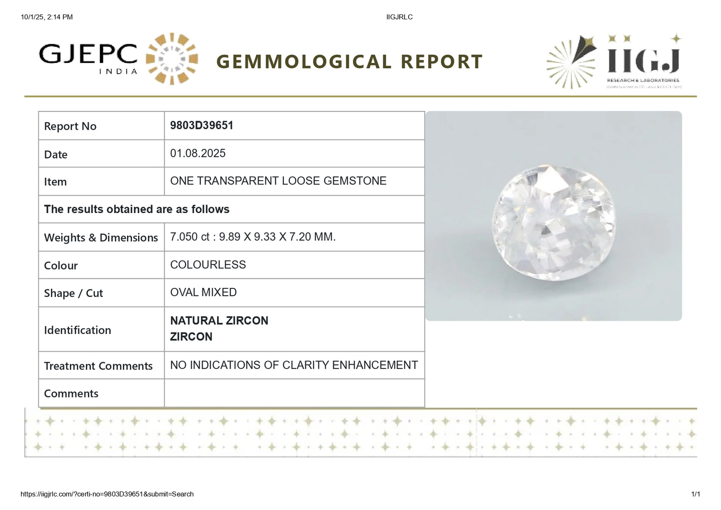 NATURAL ZIRCON 7.05 CARATS