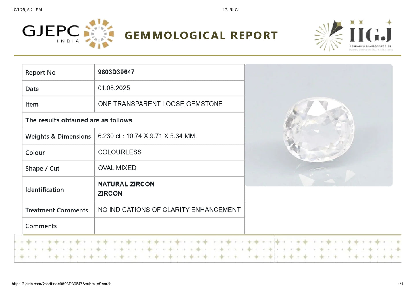 Natural Zircon 6.23 Carats