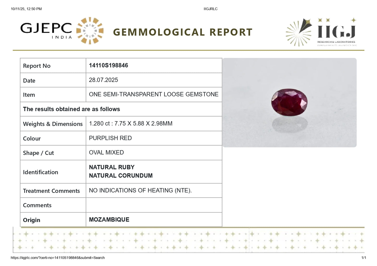 Natural Mozambique Ruby (Manik) 1.28 Carats