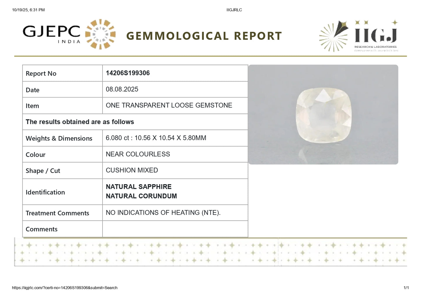 Natural White Sapphire 6.08 Carats