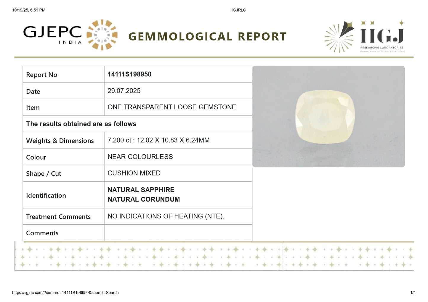 Natural White Sapphire 7.20 Carats