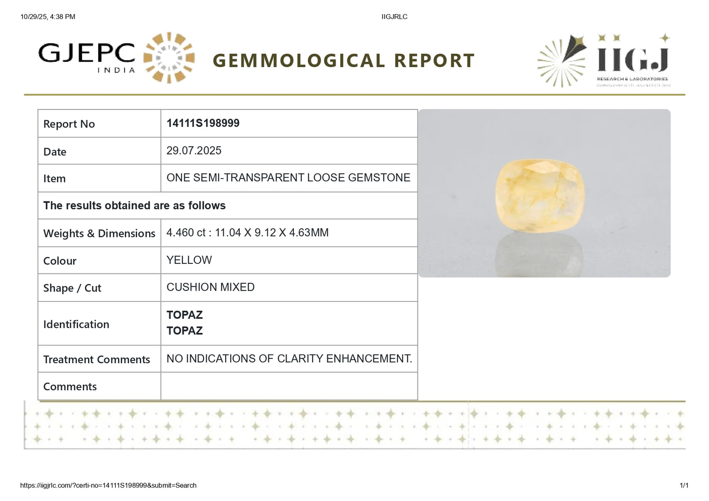 YELLOW TOPAZ 4.46 CARATS