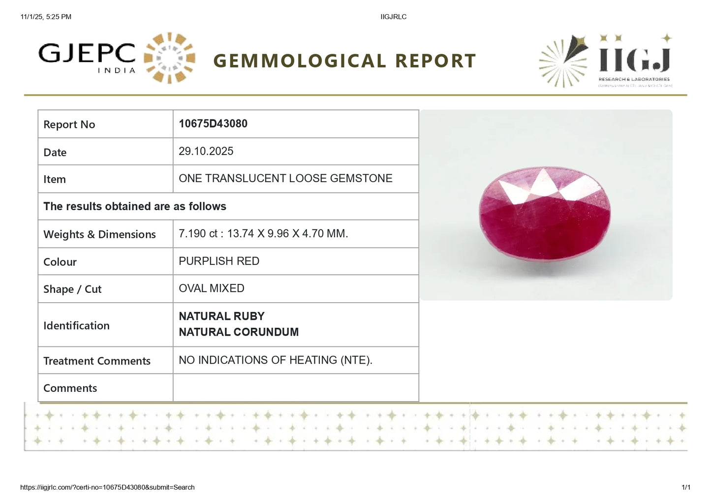 Natural Ruby (Manik) 7.19 Carats