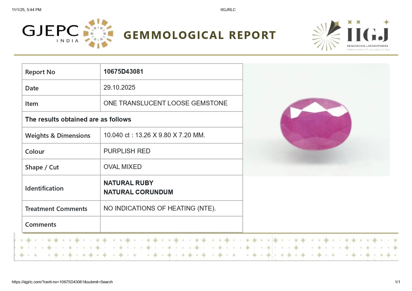 Natural Ruby (Manik) 10.04 Carats