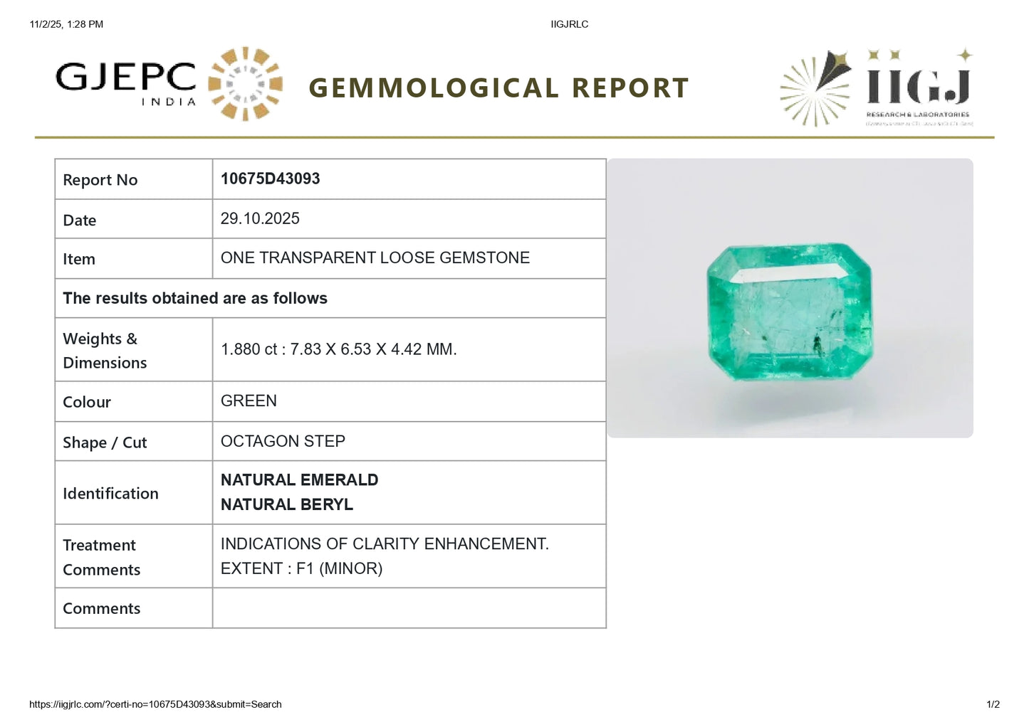 Natural Zambian Emerald (Panna) 1.88 Carats