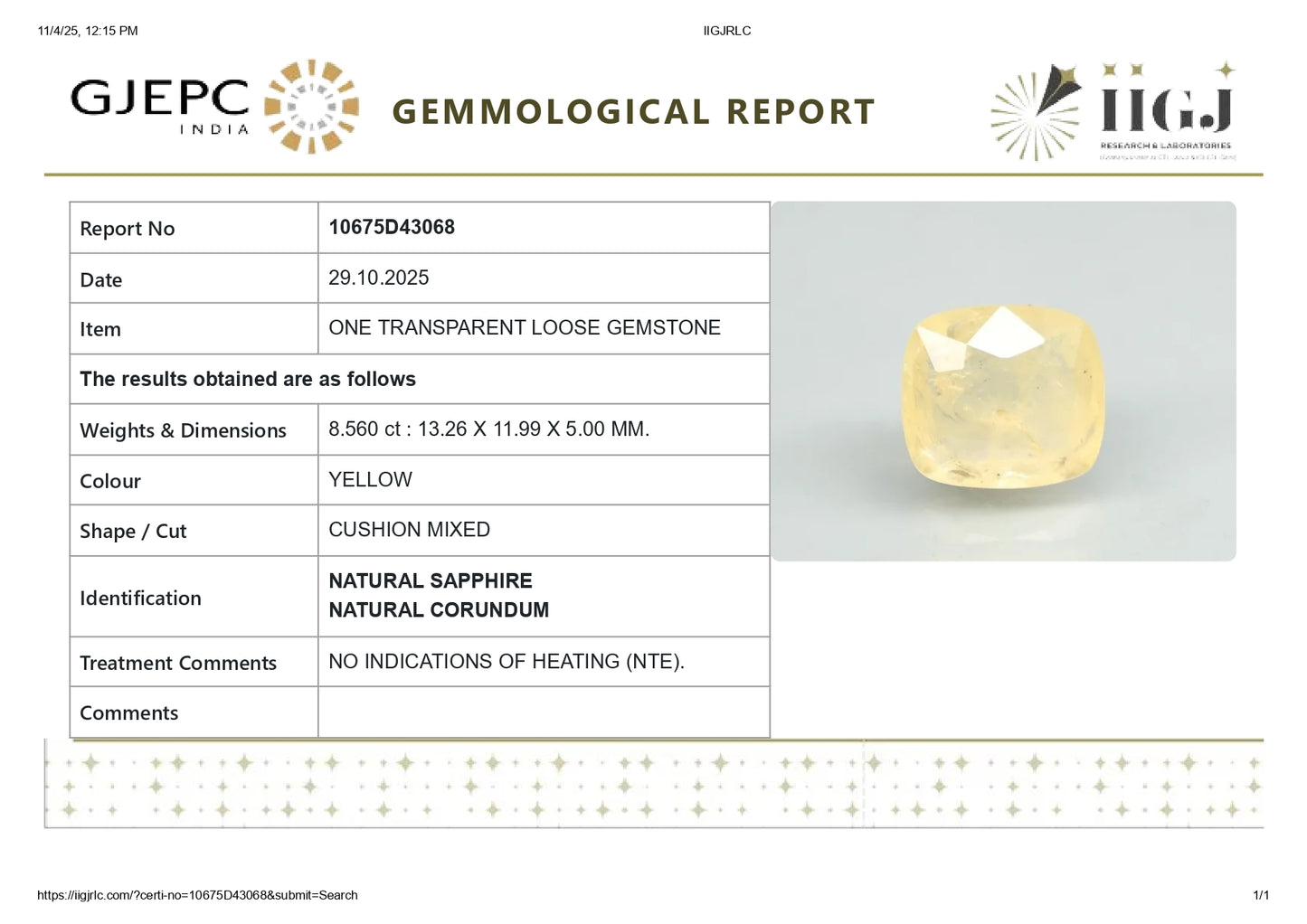 Natural Yellow Sapphire (Pukhraj) 8.56 Carats