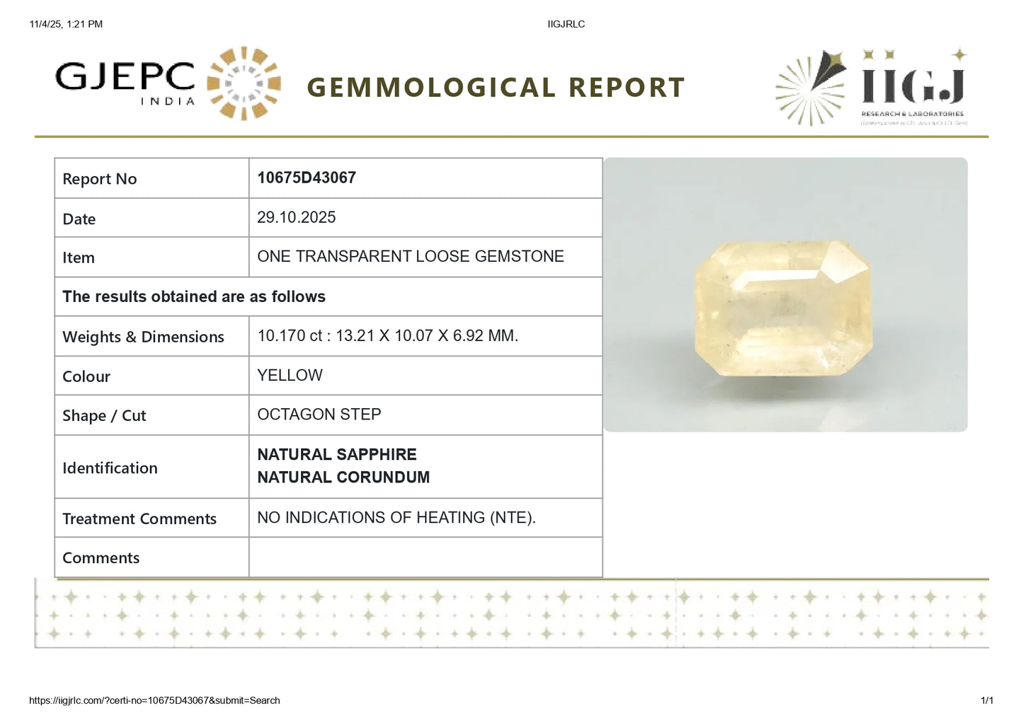 Natural Yellow Sapphire (Pukhraj) 10.17 Carats