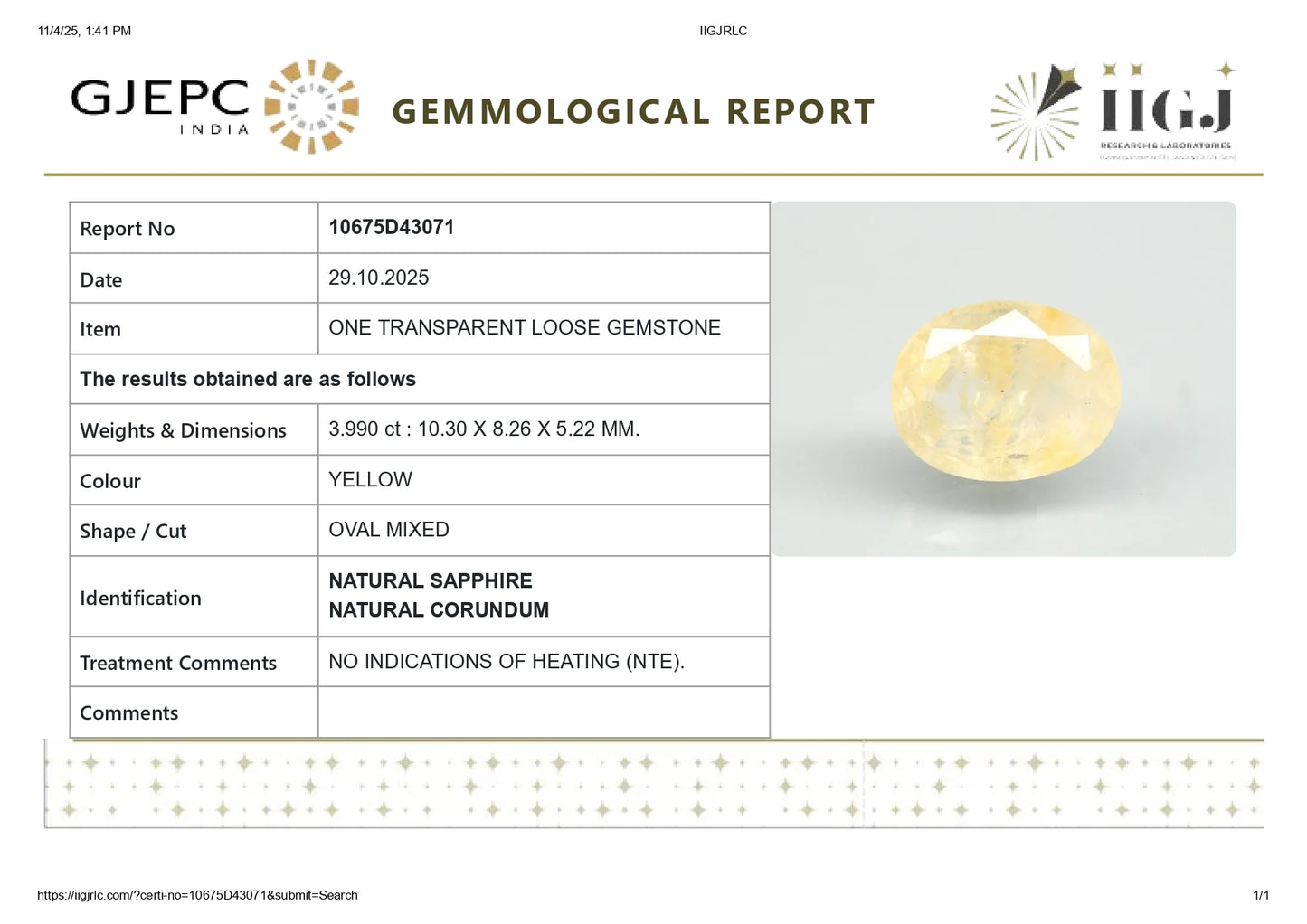 NATURAL YELLOW SAPPHIRE (PUKHRAJ) 3.99 CARATS