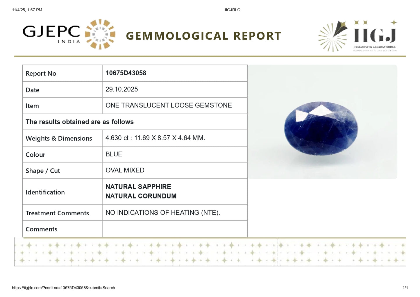 Natural Blue Sapphire (Neelam) 4.63 Carats