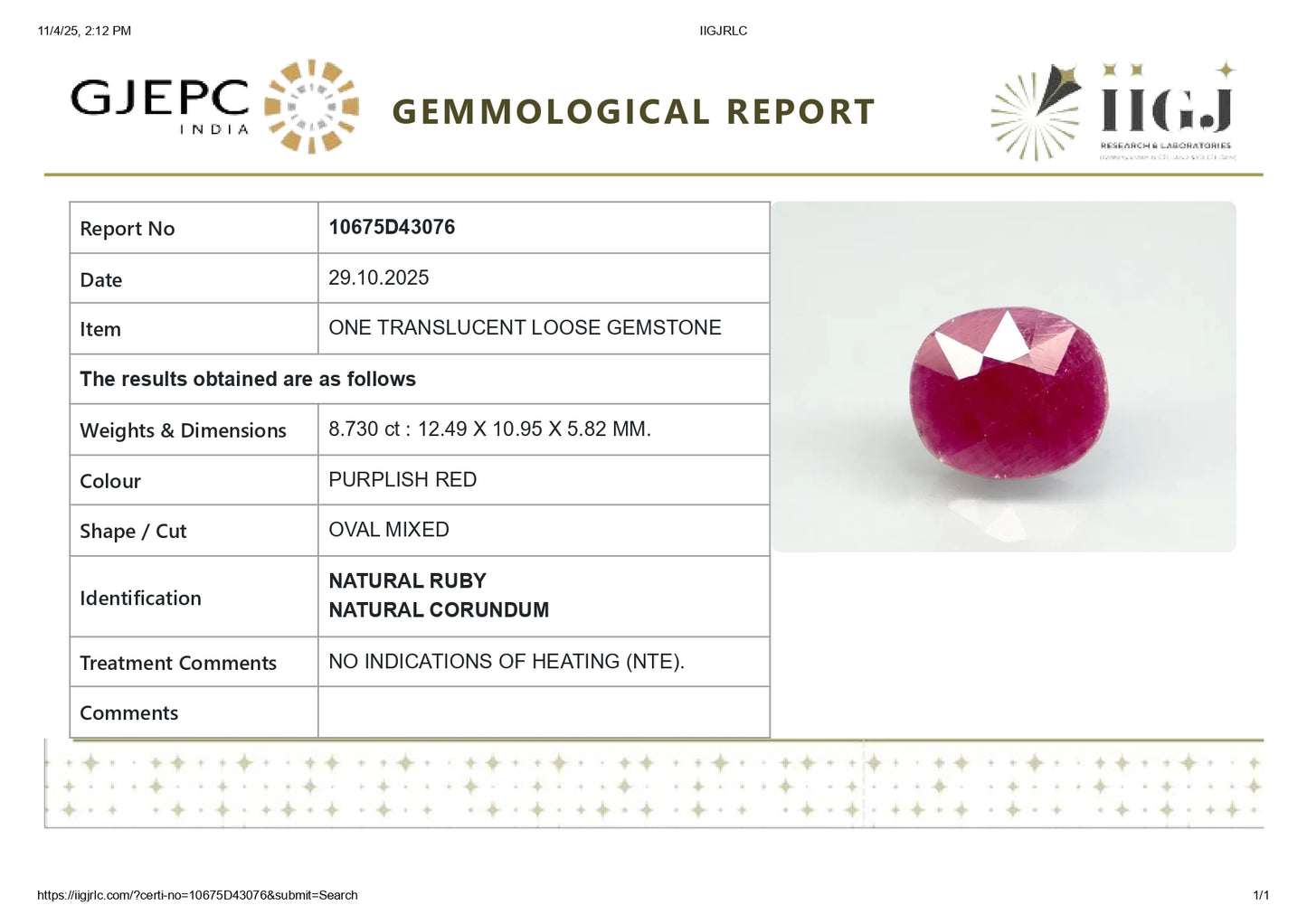 Natural African Ruby (Manik) 8.73 Carats