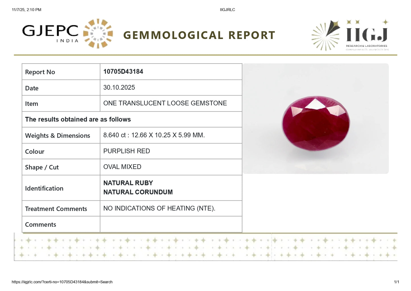Natural African Ruby (Manik) 8.64 Carats