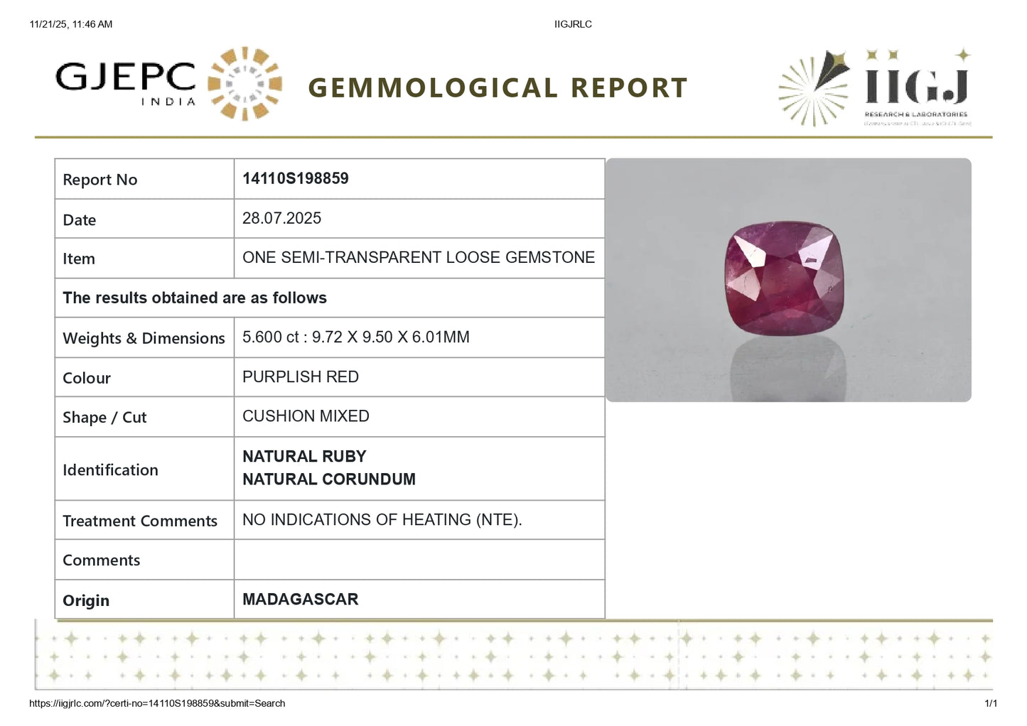 Natural Madagascar Ruby (Manik) 5.60 Carats