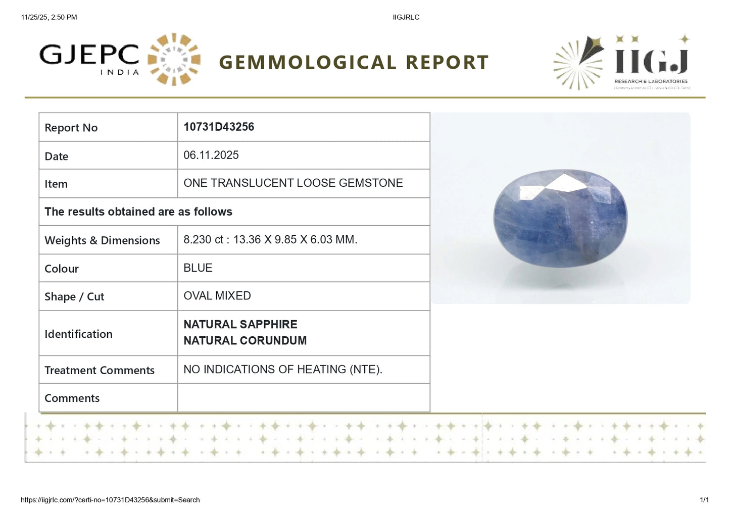 Natural Blue Sapphire (Neelam) 8.23 Carats