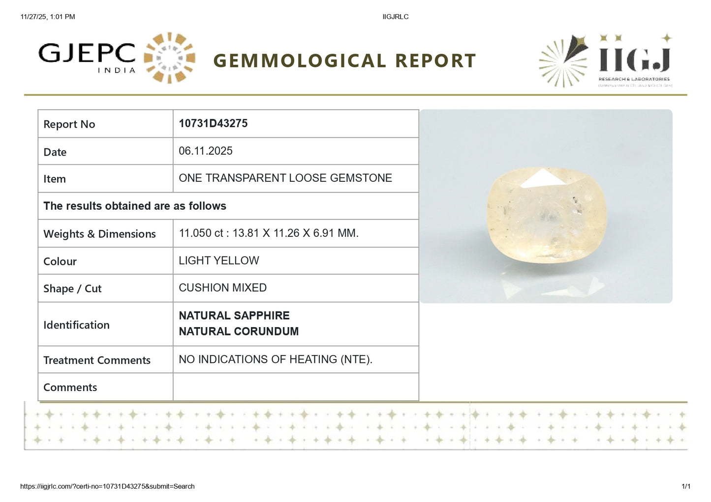 Natural Yellow Sapphire (Pukhraj) 11.05 Carats
